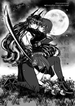 2girls akai_ito animal_ear_fluff animal_ears belle_(zenless_zone_zero) black_necktie bluesky_username blush fox_ears fox_girl gauntlets hair_ornament high-waist_skirt high_heels highres holding holding_sword holding_weapon hoshimi_miyabi k-nashi letter_hair_ornament long_hair long_skirt monochrome moon multiple_girls necktie pantyhose scene_reference shirt shoes short_hair shorts signature single_gauntlet skirt sneakers socks sword twitter_username weapon white_shirt yuri zenless_zone_zero