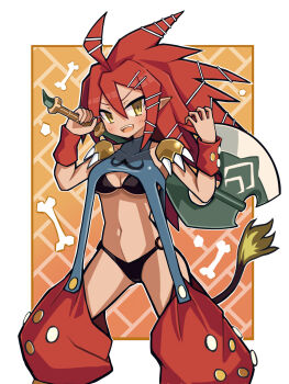 :d ahoge axe battle_axe beast_master_(disgaea) bikini black_bikini blush bone border breasts clothing_request collarbone covered_collarbone demon_girl disgaea fang highres holding holding_axe lion_tail long_hair makai_senki_disgaea_2 o-ring o-ring_bikini open_mouth orange_background pauldrons pointy_ears red_hair revealing_clothes slit_pupils smile spiked_hair spiked_pauldrons spikes suaman suspenders swimsuit tail teeth tongue underboob upper_teeth_only v-shaped_eyebrows weapon white_border yellow_eyes