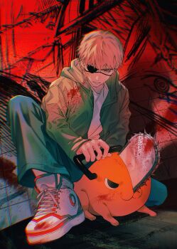 1boy abstract_background am88121 blonde_hair blood blood_splatter blue_pants chainsaw chainsaw_devil chainsaw_man chromatic_aberration commentary denji_(chainsaw_man) eyepatch foreshortening full_body green_jacket highres holding holding_weapon hood hood_down hooded_jacket jacket knee_up long_sleeves looking_to_the_side makima_(chainsaw_man) male_focus one_eye_covered pants parted_lips pochita_(chainsaw_man) red_background serious shirt shoes short_hair sideways_glance sitting sneakers solo weapon white_shirt white_shoes