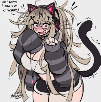 ! !! 1girl absurdres animal_ear_headphones animal_ears artist_name bite_mark bite_mark_on_leg bite_mark_on_thigh black_choker black_shorts blonde_hair blush breasts cat_ear_headphones cat_ears cat_tail choker commentary cowboy_shot dokidomiki english_commentary english_text fake_animal_ears fake_tail fang gauze gauze_on_cheek gauze_on_face grey_jacket hair_between_eyes hair_ornament half-closed_eyes hand_up headphones highres hood hood_down hooded_jacket jacket jewelry large_breasts long_hair long_sleeves looking_at_viewer makeup messy_hair miki_(dokidomiki) necklace open_mouth original paw_pose pink_eyes runny_makeup short_shorts shorts simple_background smile solo star_(symbol) star_hair_ornament striped_clothes striped_jacket sweat syringe syringe_necklace tail twitching_tail white_background x_hair_ornament