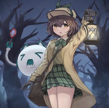 !? 1girl :o absurdres azur_lane black_gloves blush bow bowtie bristol_(azur_lane) bristol_(head_investigator)_(azur_lane) brown_hair coat collared_shirt commentary detective english_commentary forest gloves green_bow green_bowtie green_skirt hair_between_eyes hair_ornament hairclip hand_up hat highres holding holding_lantern kyl490 lantern looking_at_viewer medium_hair miniskirt nature night open_clothes open_coat outdoors pleated_skirt shirt skirt solo standing thighs white_shirt yellow_eyes