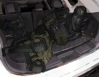 1boy armor assault_rifle blood blood_stain bound bound_wrists breastplate call_of_duty car car_trunk covered_face explosive full_body grenade gun helmet highres in_trunk knees_up konig_(call_of_duty) looking_at_viewer lying magazine_(weapon) motor_vehicle on_side rifle seencrow shoulder_armor solo weapon