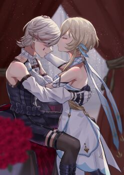 1boy 1girl bare_shoulders black_gloves black_shorts blonde_hair blush breasts brown_thighhighs dress facial_mark flower genshin_impact gloves hair_between_eyes hair_flower hair_ornament hat highres kiss long_hair long_sleeves lumine_(genshin_impact) lyney_(genshin_impact) purple_eyes short_hair shorts snow20200 teardrop_facial_mark thighhighs white_dress white_sleeves