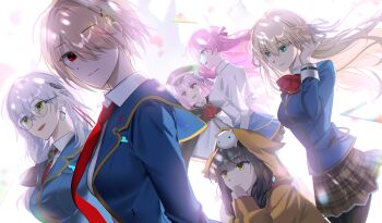 6+girls absurdres aikawa_megumi animal animal_hood animal_on_head aqua_eyes artist_request asakura_karen_(heaven_burns_red) beret black_hair black_pantyhose black_ribbon blazer blonde_hair blue_eyes blue_jacket blue_skirt blunt_bangs bow bowtie braid breasts brown_hair brown_skirt cat cat_on_head closed_mouth collared_shirt commentary_request crossed_bangs earrings falling_petals floating_hair glasses green_eyes grey_hair grey_skirt hair_between_eyes hair_ornament hair_over_one_eye hair_ribbon hairclip hat heaven_burns_red highres hood hood_up hooded_jacket hoodie izumi_yuki_(heaven_burns_red) jacket jewelry kayamori_ruka kunimi_tama large_breasts long_hair long_sleeves looking_at_another looking_at_viewer medium_breasts medium_hair miniskirt multiple_girls necktie on_head one_eye_covered open_mouth own_hands_together pantyhose petals pink_hair plaid_clothes plaid_skirt pleated_skirt red_bow red_bowtie red_eyes red_necktie red_ribbon ribbon round_eyewear school_uniform shirt short_hair skirt smile toujou_tsukasa twintails upper_body white_background white_hair white_ribbon white_shirt x_hair_ornament yellow_eyes yellow_hoodie