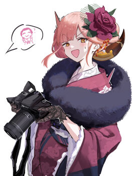 1girl absurdres aru_(blue_archive) aru_(new_year)_(blue_archive) black_gloves blue_archive blunt_bangs blush camera camera_hold_pose_(han-0v0) chinese_commentary commentary demon_horns dice eyes_visible_through_hair flower flying_sweatdrops frills fur-trimmed_kimono fur_trim gloves hair_flower hair_ornament halo han-0v0 highres holding holding_camera horns japanese_clothes jinling_ovo kimono looking_at_viewer official_alternate_costume open_mouth pink_hair pink_kimono purple_flower signature simple_background single-lens_reflex_camera solo sweatdrop watermark weibo_watermark white_background white_flower wide_sleeves yukata