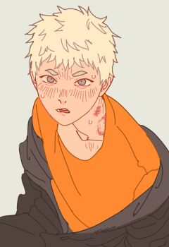 1boy bilateralym bite_mark bite_mark_on_neck black_jacket blue_eyes blush commentary crew_neck english_commentary grey_background highres hikaru_ga_shinda_natsu indou_hikaru jacket male_focus open_mouth orange_shirt shirt short_hair simple_background solo sweat white_hair