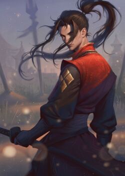 1boy absurdres arif_wijaya closed_mouth floating_hair glowing glowing_eye hair_tie heterochromia highres hikari_ku holding holding_sword holding_weapon japanese_clothes katana long_hair looking_at_viewer male_focus octopath_traveler octopath_traveler_ii outdoors parted_bangs ponytail red_eyes sheath sheathed solo sword weapon