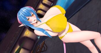 1girl 3d artist_request bad_id bad_twitter_id beach_chair bikini blue_hair blush breasts cleavage elf highres huge_breasts long_hair looking_at_viewer open_mouth orange_eyes pointy_ears pool source_request swimsuit