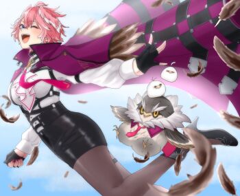 Rule 34 | blue eyes, blush, breasts, ganmo (takane lui), gloves, hair between eyes, hairband, head wings, highres, hololive, large breasts, long sleeves, necktie, pantyhose, pink hair, ringo 21 a, shirt, short hair, smile, takane lui, takane lui (1st costume), tsukune (takane lui), tsumire (takane lui), virtual youtuber, white shirt, wings