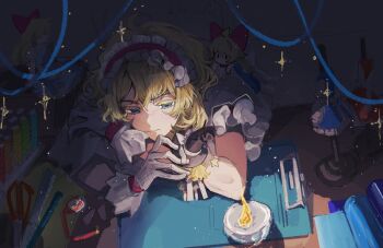 1girl alice_margatroid black_hat blonde_hair blue_eyes blue_ribbon bow candle capelet character_doll closed_mouth doll fabric frilled_hairband frills gloves hairband hat hat_bow hat_ornament holding holding_unworn_clothes holding_unworn_hat indoors kirisame_marisa loom mannequin puffy_short_sleeves puffy_sleeves red_hairband ribbon ruler scissors shanghai_doll short_hair short_sleeves solo spool star_(symbol) star_hat_ornament thread touhou unworn_hat unworn_headwear white_bow white_capelet white_gloves witch_hat xian_qishui