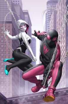 1boy 1girl aqua_shoes black_bodysuit black_hoodie blue_sky bodysuit building character_logo city comic_cover commentary cover cover_page day english_commentary gwen_stacy highres hood hood_up hooded_bodysuit hoodie marvel mask miles_morales multicolored_bodysuit official_alternate_costume official_art pink_bodysuit pink_shoes shoes silk sky spider-gwen spider-man_(miles_morales) spider-man_(series) spider-verse spider-verse_(comics) spider_web_print superhero_costume textless_version white_bodysuit yoon_junggeun