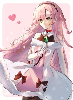 Rule 34 | 1girl, absurdres, arcaea, asymmetrical bangs, bare shoulders, bell, bell earrings, black bow, black hairband, black pantyhose, blush, border, bow, braid, breasts, champagne flute, choker, closed mouth, commentary request, cowboy shot, cup, dress, dress bow, drinking glass, earrings, fur-trimmed gloves, fur trim, gloves, green eyes, hairband, heart, heart choker, highres, holding, holding cup, jewelry, kou (arcaea), kou (winter) (arcaea), long hair, outside border, pantyhose, pink background, pink dress, pink hair, red choker, side braids, small breasts, smile, solo, tsukune ekaki, turtleneck, turtleneck dress, two-tone dress, very long hair, white border, white dress, white gloves