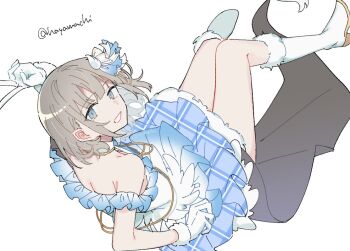 1girl arm_rest bare_shoulders beyond_the_bluesky_(idolmaster) blue_dress blue_eyes boots bow commentary detached_collar dress frilled_dress frills fur-trimmed_boots fur-trimmed_gloves fur_trim gloves grey_hair grin hair_bow hand_up hayamachi idol_clothes idolmaster idolmaster_shiny_colors knee_boots layered_dress legs_up looking_at_viewer looking_back off-shoulder_dress off_shoulder pleated_dress reclining serizawa_asahi short_hair sidelocks simple_background smile solo twitter_username v white_background white_boots white_bow white_dress white_gloves