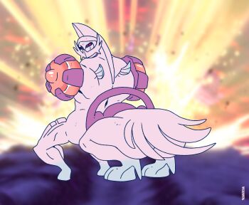 alternate_form ass broly_culo_(meme) explosion full_body gen_4_pokemon highres legendary_pokemon looking_at_viewer looking_back meme muscular nintendo no_humans original_form_pokemon_(meme) palkia palkia_(origin) parody pedro_larez pokemon pokemon_(creature) simple_background smug solo squatting standing what wings