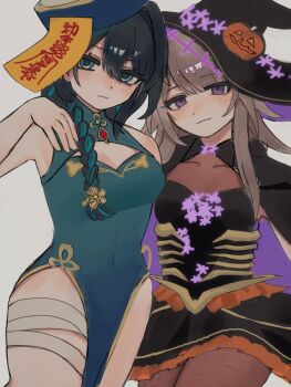 2girls alternate_costume bandages black_hair blush braid breasts brown_hair china_dress chinese_clothes cleavage_cutout clothing_cutout commentary dress ggg_sya halloween hat herta_(honkai:_star_rail) highres honkai:_star_rail honkai_(series) jack-o&#039;-lantern jiangshi medium_breasts multicolored_hair multiple_girls ribs ruan_mei_(honkai:_star_rail) simple_background streaked_hair the_herta_(honkai:_star_rail) thighs witch_hat