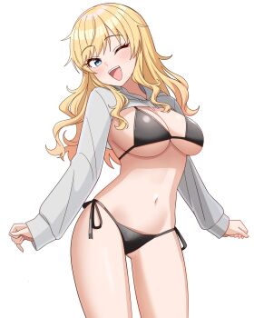 Rule 34 | 1girl, bikini, black bikini, blonde hair, blue eyes, blush, breasts, cleavage, commentary request, gluteal fold, grey shrug, groin, highres, hood, hoodie, idolmaster, idolmaster cinderella girls, large breasts, long hair, long sleeves, looking at viewer, navel, niban (puka 0507), ohtsuki yui, one eye closed, open mouth, shrug (clothing), side-tie bikini bottom, smile, solo, swimsuit, thighs, wavy hair, wavy sidelocks
