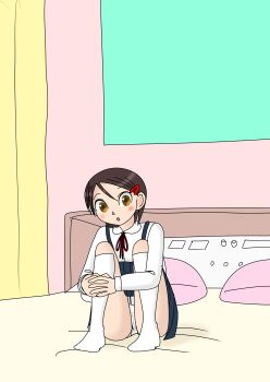 1girl bed bedroom black_skirt blush brown_eyes brown_hair cameltoe crotch_seam curtains hair_ornament hairclip hugging_own_legs kneehighs loli long_sleeves looking_at_viewer neck_ribbon on_bed open_mouth original panties pee_stain red_ribbon ribbon school_uniform sexless2012 shirt short_hair sitting skirt socks stained_panties suspender_skirt suspenders underwear white_panties white_shirt white_socks