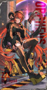 1girl beret breasts character_name curled_horns english_text green_eyes hat highres horns large_breasts long_hair magus_(zenless_zone_zero) mechanical_tail mising_0033 orange_hair orphie_magnusson platform_shoes pointy_ears smile tail thighhighs twintails zenless_zone_zero zipper