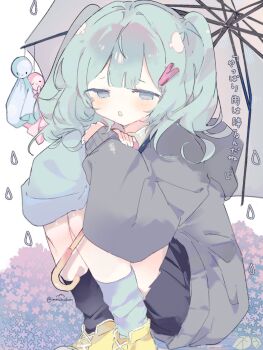 Rule 34 | 1girl, aqua eyes, aqua hair, artist name, black skirt, black socks, blue jacket, blue socks, commentary, double-parted bangs, english commentary, flower, grey jacket, hair ornament, hairclip, hands on own knees, hands up, highres, hood, hood down, hugging own legs, hydrangea, imaichichan, instagram username, jacket, kneehighs, leaf, long sleeves, looking down, mismatched socks, multicolored jacket, on ground, parted lips, pleated skirt, shoes, sitting, skirt, socks, solo, song name, string, teruterubouzu, tuyu (band), two-tone jacket, two side up, umbrella, water drop print, white background, yappari ame wa furunda ne, yellow shoes