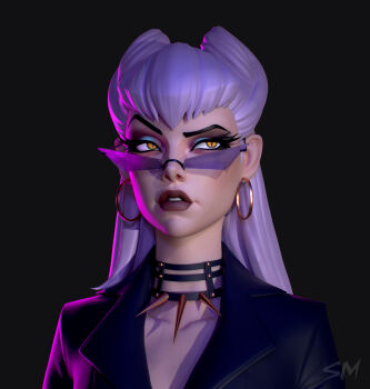 1girl 3d annoyed artist_name black_background black_choker black_suit blue_eyeshadow choker cocked_eyebrow collarbone commentary cone_hair_bun demon_girl earrings english_commentary evelynn_(league_of_legends) eyeshadow formal_clothes gold_earrings gradient_eyeshadow hair_bun highres hoop_earrings jewelry k/da_(league_of_legends) k/da_all_out_evelynn league_of_legends leather_suit long_hair long_sleeves looking_to_the_side makeup mature_female nose pale_skin parted_lips pointed_bangs portrait purple-tinted_eyewear purple_eyeshadow purple_light red_lips semi-rimless_eyewear simple_background slit_pupils smedvedeva solo spiked_choker spikes straight_hair studded_choker suit teeth the_baddest_evelynn tinted_eyewear two-tone_eyeshadow v-bangs white_hair yellow_eyes