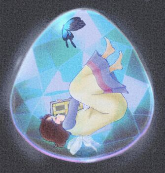 1girl arete arete_hime barefoot blue_butterfly book bug butterfly commentary_request dress floating from_side full_body grey_background highres holding holding_book hugging_book hugging_object in_container insect sassan888 solo