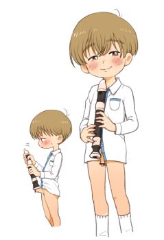 1boy bar_censor blush bottomless brown_hair censored flute holding holding_instrument instrument long_sleeves male_focus multiple_views original penis recorder shirt short_hair shota smile socks solo taremayuzou white_background white_shirt