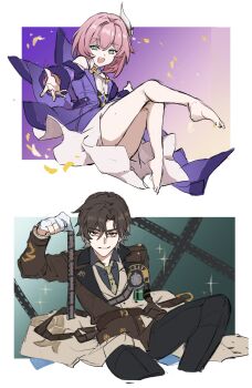 1boy 1girl absurdres bare_shoulders barefoot belt black_pants black_shirt blue_eyes blue_gemstone brown_belt brown_hair brown_jacket buttons clenched_hand clothes_down collared_shirt cyrene_(aedes_elysiae)_(honkai:_star_rail) cyrene_(honkai:_star_rail) diamond-shaped_pupils diamond_(shape) dress film_strip full_body gem gloves gold_necklace gradient_background green_background grey_hair hair_between_eyes hair_ribbon hand_up hands_up highres holding honkai:_star_rail honkai_(series) jacket jewelry lapels leg_up long_sleeves mr._reca_(honkai:_star_rail) multicolored_hair necklace necktie open_clothes open_jacket open_mouth pants papajay_(jennygin2) partially_fingerless_gloves pink_hair pink_pupils purple_background purple_jacket red_eyes ribbon shirt short_hair simple_background sitting sleeveless sleeveless_dress smile sparkle sparkle_background streaked_hair symbol-shaped_pupils teeth v-shaped_eyebrows vest white_dress white_gloves white_hair white_ribbon white_vest wide_sleeves yellow_necktie