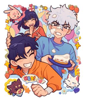 Rule 34 | 1girl, 2boys, balloon, birthday cake, black eyes, black hair, blue hoodie, blue shirt, blunt bangs, blush, border, cake, cake slice, cat, cheng xiaoshi, closed eyes, cream, cream on face, flower, food, food on face, fruit, gift, grin, halo, happy birthday, heart, highres, holding, holding plate, hood, hood down, hoodie, long sleeves, lu guang, multiple boys, open mouth, orange hoodie, orange sweater, plate, qiao ling, rabbit, shiguang dailiren, shirt, short hair, smile, strawberry, submashell, sweater, teeth, upper body, white border, white flower, white hair
