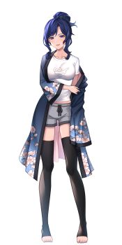 1girl :d absurdres animal_print annno_ans black_thighhighs blue_eyes blue_hair blue_haori blue_nails breasts cat_print clothes_tug dark_blue_hair floral_print full_body gradient_nails grey_shorts hair_bun haori highres japanese_clothes large_breasts long_sleeves looking_at_viewer mature_female midriff_peek mole mole_under_eye no_shoes official_art open_mouth pink_nails print_haori print_shirt sawami_yuzu shirt short_shorts short_sleeves shorts sidelocks single_off_shoulder smile solo standing straight-on t-shirt tachi-e thighhighs toeless_legwear toki_production virtual_youtuber white_background white_shirt