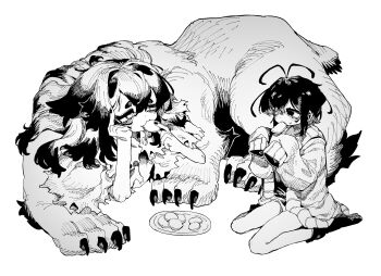 Rule 34 | 2girls, antenna hair, cardigan, centauroid, claws, commission, cookie, eating, food, greyscale, hb 091, head rest, highres, holding, holding food, long hair, monochrome, monster girl, multiple girls, open cardigan, open clothes, original, short hair, simple background, sitting, sleeves past fingers, sleeves past wrists, taur, very long hair, wariza, white background