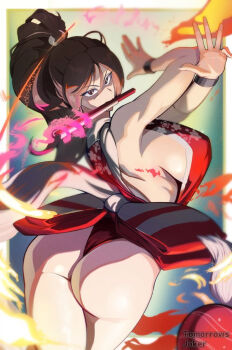 1girl ass bare_shoulders breasts brown_eyes brown_hair fatal_fury fire from_behind hand_fan large_breasts ninja ponytail shiranui_mai sideboob sleeveless the_king_of_fighters thong tomorrowsjoker