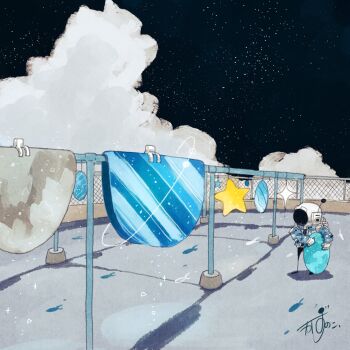 1other artist_name backpack bag blue_jacket chain-link_fence clothes_hanger cloud commentary drying drying_clothes fence fish flying_fish helmet highres holding jacket kazunoko_(kazunoko_zunoco) laundry_pole moon night night_sky on_rooftop orbital_path original other_focus outdoors planet radio_antenna rooftop shadow signature sky solo space_helmet sparkle standing star_(sky) star_(symbol) starry_sky