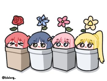 Rule 34 | > <, 4girls, :<, blonde hair, blue eyes, blue hair, bocchi the rock!, chibi, chibi only, closed eyes, closed mouth, commentary, english commentary, flower, flower on head, flower pot, gotoh hitori, green eyes, hair ornament, ijichi nijika, in pot, kessoku band, kita ikuyo, lineup, long hair, looking at viewer, lulalang, multiple girls, one side up, open mouth, pink flower, pink hair, ponytail, red eyes, short hair, simple background, smile, white background, yamada ryo