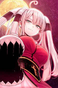 ahoge amlim amlim_cardinal bare_shoulders breasts cosmic_break dress full_moon green_eyes large_breasts light_smile looking_at_viewer moon morizo_cs narrowed_eyes night outdoors red_dress sky smug star_(sky) twintails white_hair