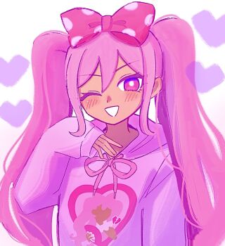 1girl alternate_costume blush bow bright_pupils commentary_request dark-skinned_female dark_skin hair_bow highres hood hood_down hoodie long_hair long_sleeves looking_at_viewer omori one_eye_closed open_mouth pink_bow pink_eyes pink_hair pink_hoodie polka_dot polka_dot_bow sidelocks sleeves_past_wrists smile solo sweetheart_(omori) twintails upper_body white_pupils yu_kuli