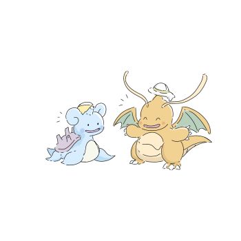 blush blush_stickers claws closed_eyes ditto dragon dragonite gen_1_pokemon hat highres horns kickhopper123 lapras nintendo no_humans open_mouth pokemon pokemon_(creature) pokemon_focus pokemon_pokopia simple_background single_horn smile tail transformed_ditto white_background wings
