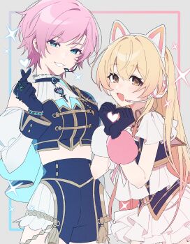 2girls animal_ear_headphones animal_ears black_gloves blue_eyes brown_eyes cat_ear_headphones cat_ears commentary_request cowboy_shot detached_sleeves fake_animal_ears finger_heart frilled_skirt frills gloves grey_background hanakiri22 headphones headset heart heart_hands highres ienaga_mugi inset_border long_hair looking_at_viewer midriff multiple_girls nijisanji nijisanji_idol_uniform pink_hair pleated_collar pom_pom_(clothes) shirt short_hair short_shorts shorts skirt smile sparkle virtual_youtuber white_shirt white_skirt wrist_cuffs yuuhi_riri