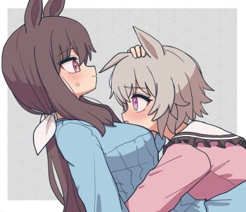 Rule 34 | 2girls, admire vega (umamusume), animal ears, between breasts, blue shirt, breasts, brown hair, closed mouth, commentary request, curren chan (umamusume), from side, grey hair, hair ribbon, hand on another's head, head between breasts, head on chest, highres, horse ears, hug, jin (jinkwon1147), long hair, long sleeves, looking at another, multiple girls, open mouth, pajamas, pink eyes, pink shirt, profile, purple eyes, ribbon, shirt, umamusume, white ribbon, yuri