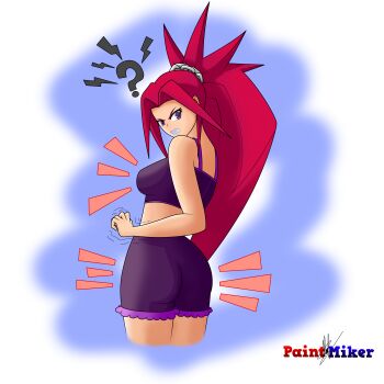 Rule 34 | 1girl, ?, absurdres, angry, armpits, artist name, ass, back, blush, boyshort panties, breasts, camisole, capcom, chain, clenched hands, clenched teeth, collarbone, delinquent, embarrassed, eyelashes, female focus, full body, gradient background, highres, zaki (justice gakuen), huge filesize, justice gakuen, legs, legs together, long hair, looking at viewer, looking back, mask, medium breasts, midriff, moero! justice gakuen, motion lines, neck, panties, parted bangs, ponytail, purple camisole, purple eyes, purple panties, red hair, shiny clothes, shiny skin, shiritsu justice gakuen, shoulder blades, sidelocks, spiked hair, standing, teeth, thighs, thighs together, trembling, turning head, underwear, underwear only, unworn clothes, unworn mask, very long hair, wide ponytail