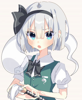 1girl :o absurdres black_bow black_bowtie black_hairband blunt_ends blush bow bowtie commentary double-parted_bangs green_vest grey_hair hair_between_eyes hairband highres hilt hitodama konpaku_youmu konpaku_youmu_(ghost) looking_at_viewer pomepome_(urtx2457) puffy_short_sleeves puffy_sleeves shirt short_hair short_sleeves simple_background solo touhou upper_body vest white_background white_shirt