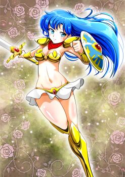 1girl arm_shield armor armored_boots asou_yuuko bandana bikini_armor blue_eyes blue_hair boots breasts cleavage closed_mouth commentary_request floral_background flower foot_out_of_frame gold_armor gold_greaves greaves groin hiro68 holding holding_sword holding_weapon leg_up linea_alba long_hair medium_breasts miniskirt mugen_senshi_valis navel panties pauldrons red_bandana rose shield shoulder_armor skirt solo stomach sword thighs underboob underwear valis vambraces weapon white_panties white_skirt