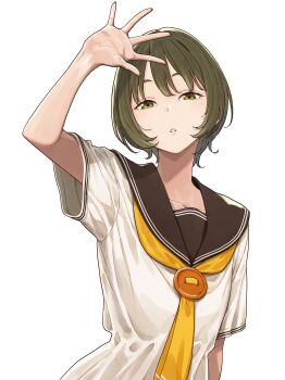 1girl absurdres brown_sailor_collar brown_serafuku collarbone commentary cover cover_page dress gondou_asami green_eyes green_hair hand_up highres imigimuru looking_at_viewer make_heroine_ga_oo_sugiru! momozono_junior_high_school_uniform neckerchief novel_cover official_art parted_lips sailor_collar school_uniform second-party_source serafuku short_hair short_sleeves simple_background solo textless_version upper_body white_background white_dress yellow_neckerchief