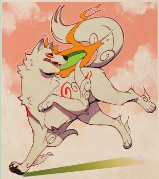 Rule 34 | 1girl, amaterasu (ookami), animal ears, claws, commentary, english commentary, fangs, fire, highres, komoroshi, ookami (game), open mouth, pawpads, tail, tongue, tongue out, watermark, wolf ears, wolf girl, wolf tail