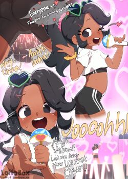 1girl absurdres anittinha anittinha&#039;s_club artist_name black_eyes black_hair black_shorts blush character_name commentary concert crop_top dark-skinned_female dark_skin english_commentary english_text eyewear_on_head forehead glowstick heart heart-shaped_eyewear heart_background highres holding holding_glowstick holding_microphone huge_filesize idol loffo loli meme microphone multiple_views one_eye_closed open_mouth paid_reward_available pointing pointing_at_viewer ponytail scrunchie shirt short_sleeves shorts smile sparkle speech_bubble spoken_heart sweat uohhhhhhhhh!_(meme) watermark white_shirt wrist_scrunchie yellow_scrunchie