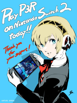 1girl aigis_(persona) android aqua_eyes black_jacket blonde_hair blue_background blue_eyes bow emblem english_text game_console gekkoukan_high_school_uniform gold_hairband hairband handheld_game_console highres jacket long_sleeves looking_at_viewer mechanical_hands nintendo_switch nintendo_switch_2 official_art persona persona_3 persona_3_reload playing_games robot robot_ears school_uniform short_hair simple_background smile soejima_shigenori teeth