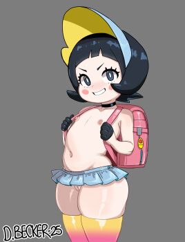 1girl absurdres artist_name backpack bag black_eyes black_gloves black_hair blush blush_stickers choker cowboy_shot dated dimitri_becker flat_chest functionally_nude gloves grey_background grin half_gloves highres loli looking_at_viewer matching_hair/eyes microskirt navel nintendo nipples no_panties pedo_color_palette pokemon pokemon_sv poppy_(pokemon) pussy randoseru short_hair simple_background skirt smile solo standing striped_clothes striped_thighhighs thighhighs topless_female