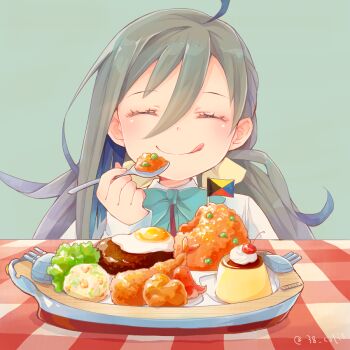 Rule 34 | 10s, 1girl, :q, ahoge, asymmetrical hair, bow, bowtie, cherry, closed eyes, colis, commentary request, croquette, egg (food), female focus, flag, food, food art, fried egg, fruit, gingham, green background, grey hair, hair between eyes, happy, holding, holding spoon, kantai collection, kiyoshimo (kancolle), licking lips, long hair, long sleeves, mini flag, okosama lunch, peas, plate, pudding, rice, shrimp, shrimp tempura, smile, solo, spoon, table, tablecloth, tako-san wiener, tempura, tongue, tongue out, twitter username, whipped cream, z flag