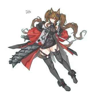 Rule 34 | 1girl, absurdres, angelina (arknights), animal ear fluff, animal ears, arknights, arknights: endfield, artist name, bare shoulders, belt, black boots, black dress, black gloves, black thighhighs, boots, brown hair, coat, commentary, dress, elbow gloves, english commentary, floating clothes, floating hair, fold-over boots, fox ears, fox girl, fox tail, full body, gilberta (arknights), gloves, green outline, grey dress, hair between eyes, headpiece, high belt, high collar, highres, impossible clothes, impossible dress, jis 3535, leaning to the side, long hair, long sleeves, looking at viewer, looking to the side, off shoulder, open clothes, open coat, outline, red coat, red eyes, short dress, simple background, solo, tail, thighhighs, twintails, very long hair, white background, zettai ryouiki