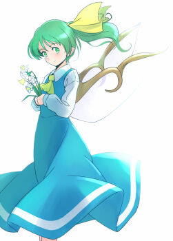 1girl blue_skirt blue_vest buttercup_(flower) commentary_request daiyousei fairy fairy_wings feet_out_of_frame flower green_eyes green_hair hair_ribbon holding holding_flower long_sleeves medium_hair one-hour_drawing_challenge pointy_ears rangycrow ribbon shirt side_ponytail sideways_glance skirt solo touhou vest white_background white_shirt wings yellow_ribbon