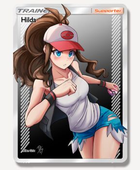 1girl absurdres baseball_cap black_vest blue_eyes blue_shorts blush border breasts brown_hair card_(medium) child:12904067 collarbone commentary dilan_griz english_commentary gradient_background grey_background hat high_ponytail highres hilda_(pokemon) holding holding_poke_ball long_hair looking_at_viewer medium_breasts nintendo open_clothes open_vest poke_ball poke_ball_print pokemon pokemon_bw ponytail short_shorts shorts solo tank_top trading_card vest white_border white_tank_top wristband